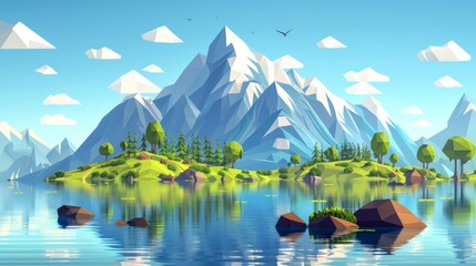 Wall Mural - A low polygonal landscape of a mountain lake and trees, AI