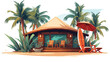 Bungalow bar with thatched roof near palm trees 