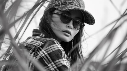 Canvas Print - A woman wearing a hat and sunglasses standing in tall grass, AI