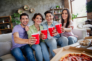 Sticker - Photo of group funky best friends sit comfort couch hug clink plastic beer cups loft apartment indoors