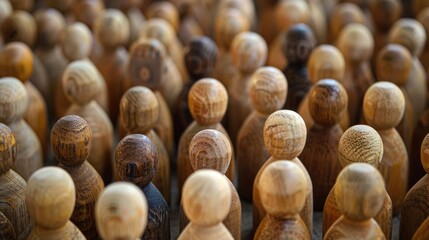 Poster - A group of wooden people standing in a row with their heads facing the same direction, AI