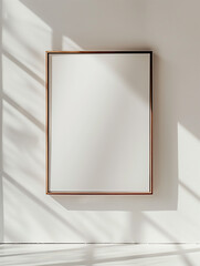 Wooden frame with no picture hangs on the wall as an empty decoration