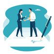 Agreement. Contract. Business people standing on a signed contract. Concept business vector illustration