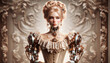 A poised blonde woman with mechanical arms in a Victorian gown against a blurred cybernetic pattern.