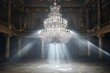 This photo captures a sparkling crystal chandelier hanging from the ceiling of a dark room, casting a soft glow. The intricate design of the chandelier adds a touch of elegance to the space