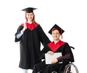 Wall Mural - Male graduate in wheelchair with laptop and classmate on white background