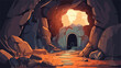 Christian illustration of burial cave. Happy Easter