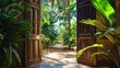 An open door invitingly leads to a lush tropical garden, symbolizing new opportunities, growth, and the opening of new paths in life or business