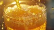 Close up of beer liquid beverage pouring on a transparent glass. AI generated image
