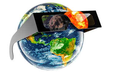 Wall Mural - Solar Eclipse, concept. Earth Globe with solar eclipse glasses. 3D rendering isolated on transparent background