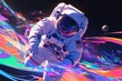 An astronaut floating in space, surrounded by colorful cosmic waves and planets, with the helmet reflecting vibrant hues of purple, blue, green, pink, orange, and white. 