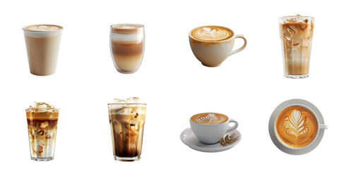 Latte coffee transparent collection set in png no background for decoration.