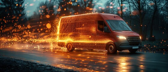 Wall Mural - White modern delivery small shipment cargo courier van engulfed in flames moving fast on motorway