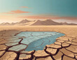 A parched earth cracking, symbolizing the impacts of climate change, set against a minimalistic pastel desert background.
