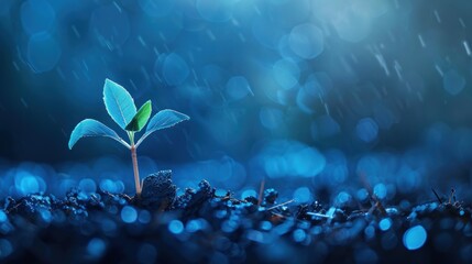 growing plant on blurry blue nature background. ai generated image