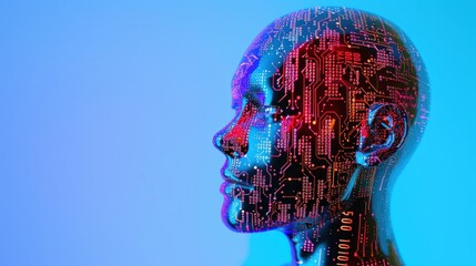 Poster - Humanoid head with circuit board of digital binary digit on blue background. AI generated image