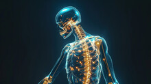 Luminous Skeletal System, Highlighted Bones, Joint Articulation, Bone Density, Glowing Spine, Anatomy Education