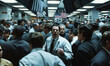 A busy stock exchange with traders everywhere, yelling to sell stocks
