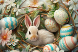 Fototapeta Dinusie - Easter bunny and Easter eggs in a nest on a blue background