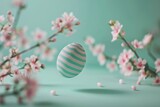 Fototapeta Tulipany - Easter egg on podium with cherry blossom background