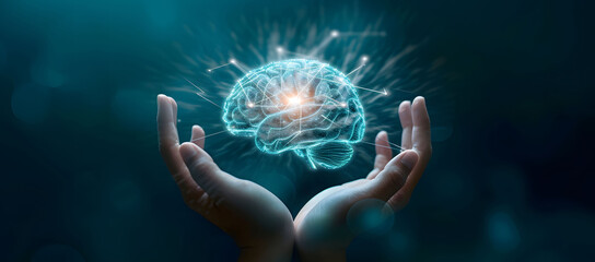 A hand holding a holographic brain represents futuristic thinking and innovation. The bright, glowing brain icon floats above the hand, symbolizing creativity, and mind control.