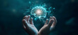 A hand holding a holographic brain represents futuristic thinking and innovation. The bright, glowing brain icon floats above the hand, symbolizing creativity, and mind control.