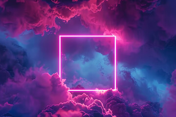 looping 3d animation Abstract neon background with glowing square shape and spinning cloud Blank geometric frame in the sky