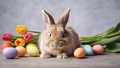 Sticker - Cute Easter bunny on table with colorful eggs and tulips. Easter holiday decorations, Easter concept background created with generative ai