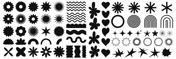 Sticker - Trendy abstract shapes. Flower, star, wave, heart, circle, spiral. Retro groovy aesthetic. Contemporary y2k style. Elements for posters design, stickers. Vector illustration.