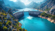 Lake dam drone photo top view. Industrial architecture and nature panoramic view