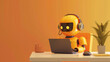 A robot is sitting at a desk with a laptop and a potted plant