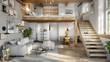 Scandinavian loft with a mezzanine bedroom, overlooking a spacious living area, maximizing space and light. 3D rendering.