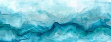 Calm Water Underwater Blurry Texture Turquoise, Blue, Aqua Background For Copy Space Text. Sky Clouds Cartoon, Ocean Wave Illustration For Vacation Beach Travel. Watercolor Wavy Banner By Vita
