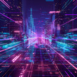 A cityscape with neon lights and a futuristic feel
