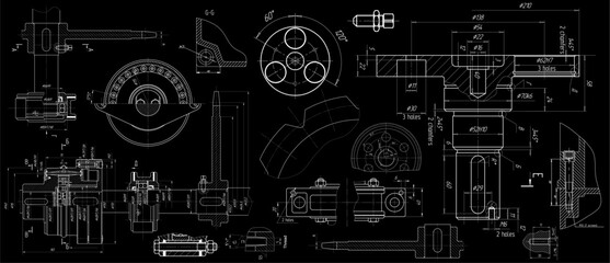 Wall Mural - vector engineering drawing of steel mechanical parts with through holes and dimension lines. industr