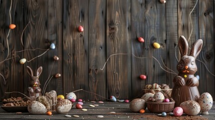 chocolate easter eggs, rabbits and sweets on wooden background