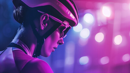 Wall Mural - Cyclist in helmet and goggles close-up with neon lights with space for your text