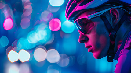 Canvas Print - Cyclist in helmet and goggles close-up with neon lights with space for your text