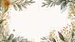 Golden watercolor leafy frame border empty page white background