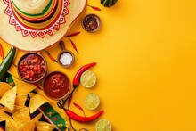 Top View Photo Of Traditional Food Nacho Chips Salsa Sauce Chilli Tequila With Salt Lime Sombrero Serape Cactus And Maracas On Isolated Vivid Yellow Background And Copyspace - Generative Ai