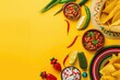 © Nia™ - Top view photo of traditional food nacho chips salsa sauce chilli tequila with salt lime sombrero serape cactus and maracas on isolated vivid yellow background and copyspace - generative ai