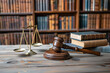 A judge's gavel sits on a wooden surface next to a pair of scales