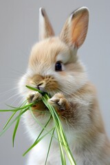 little baby rabbit eating a grass,, on white
