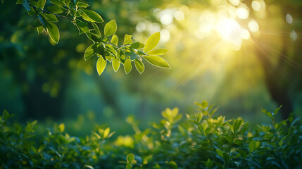 Wall Mural - A serene dawn breaks as warm sunlight filters through the vibrant green leaves of a lush garden, heralding a new day - springtime background - Generative AI