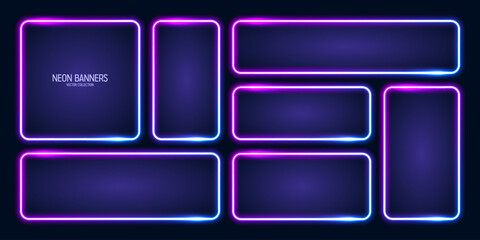 Wall Mural - glowing neon banners, illuminated colorful square frames. shiny vibrant border, glow effect. blue vi
