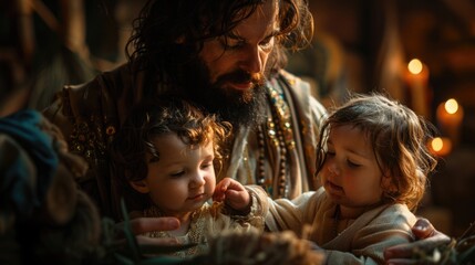 Wall Mural - Reading stories about Saint Joseph to children at bedtime, emphasizing virtues of kindness and protection