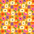 Vector seamless pattern of bold naive colourful flowers and leaves in retro groovy style. Daisy flowers in vivid colours on orange background.