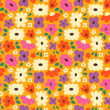 Fototapeta Dinusie - Vector seamless pattern of bold naive colourful flowers and leaves in retro groovy style. Daisy flowers in vivid colours on orange background.