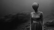 A mysterious surreal image of a woman wearing a macabre mask and wondering aimlessly in a desolate, foggy environment.