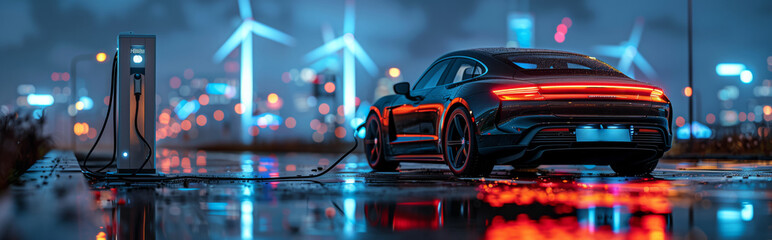 Wall Mural - Charging an electric car against the backdrop of a modern city with wind turbines and alternative energy panorama